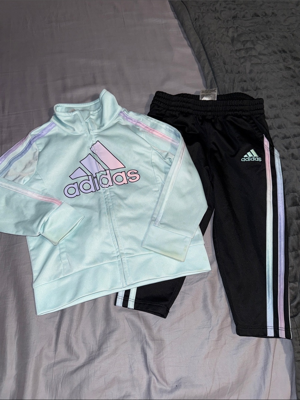 adidas Kids Mint Jacket & Black Joggers with Pastel Stripes